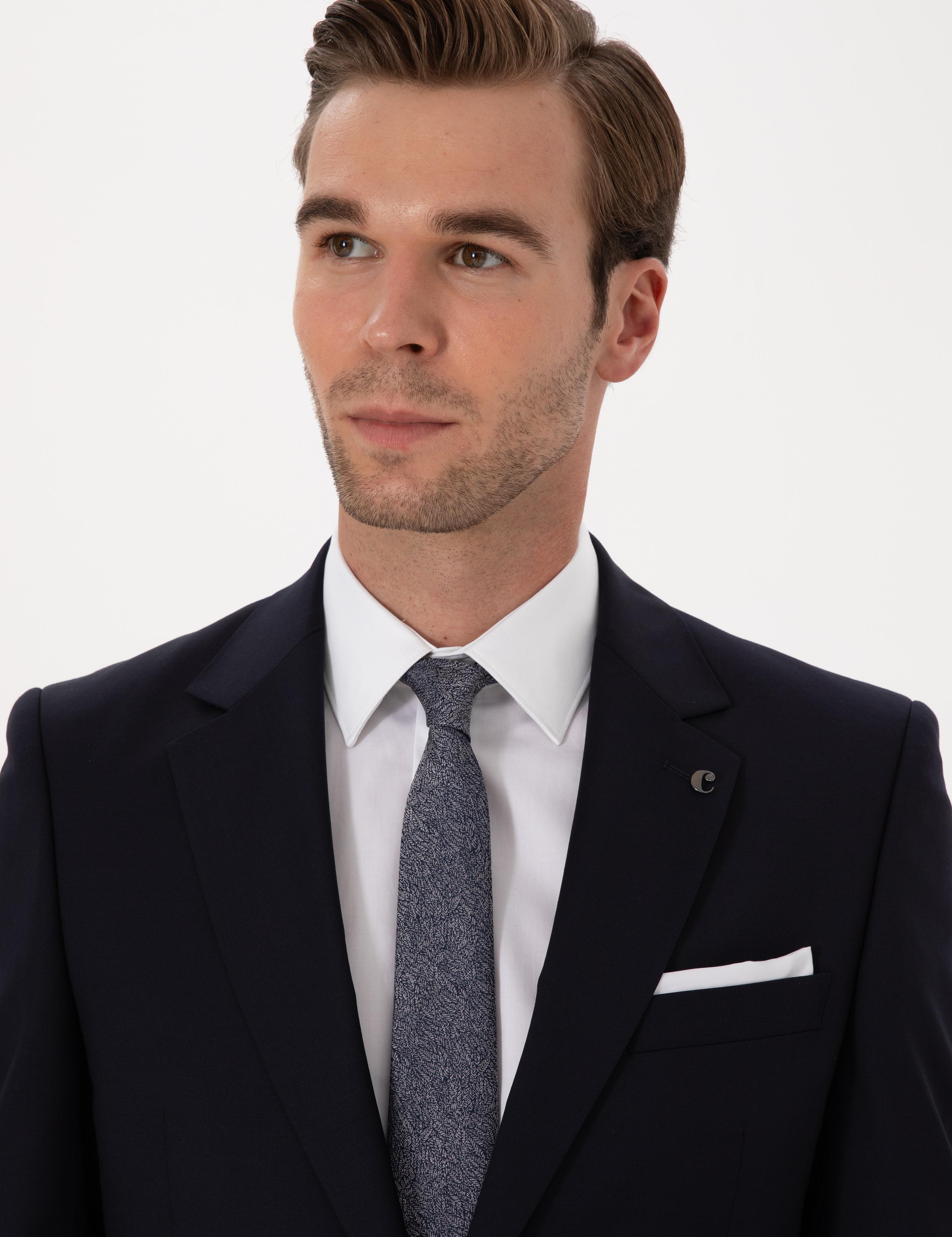 Lacivert Slim Fit %100 Yün Mono Yaka Basic Takım Elbise - 50310082014