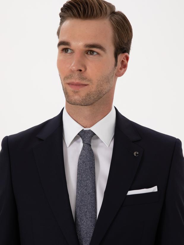 Lacivert Slim Fit %100 Yün Mono Yaka Basic Takım Elbise