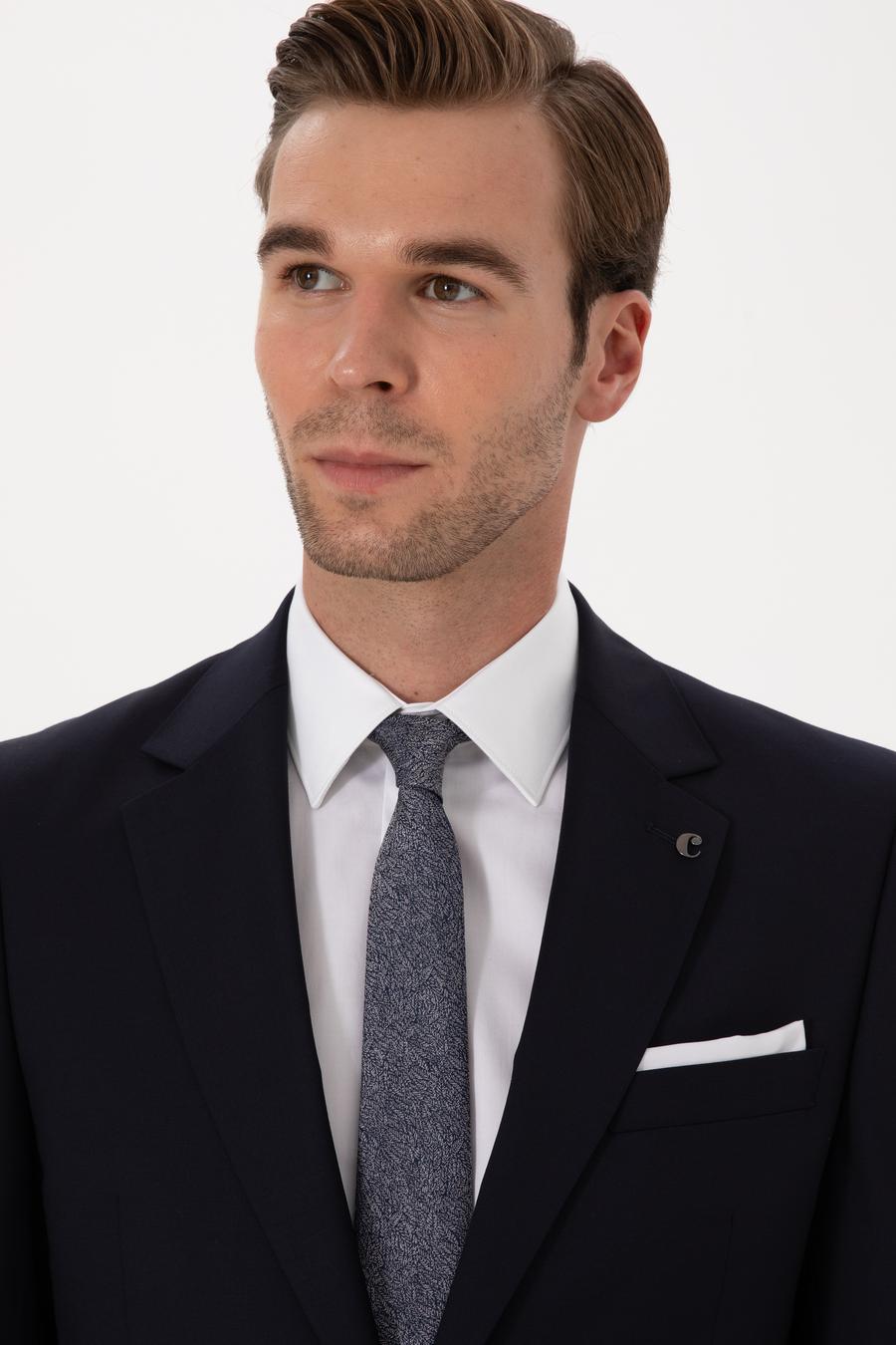 Lacivert Slim Fit %100 Yün Mono Yaka Basic Takım Elbise - 50310082014
