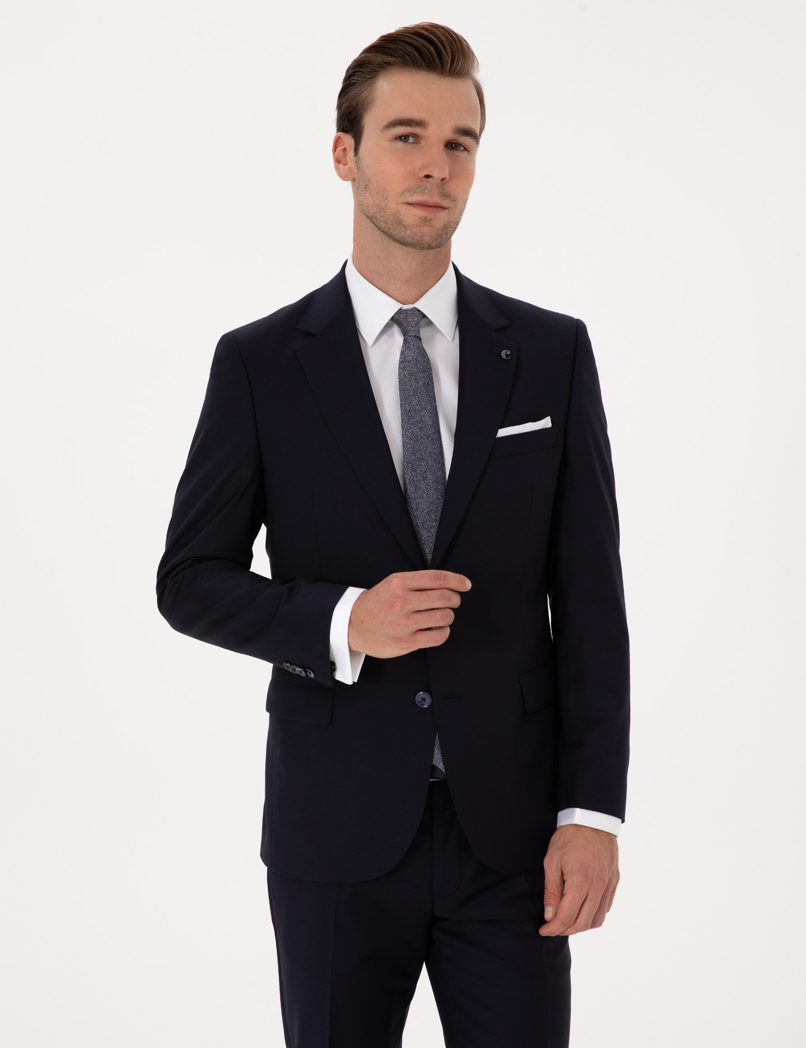 Lacivert Slim Fit %100 Yün Mono Yaka Basic Takım Elbise - 50310082014