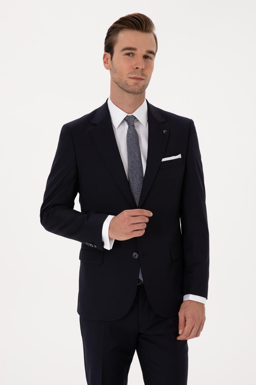 Lacivert Slim Fit %100 Yün Mono Yaka Basic Takım Elbise - 50310082014