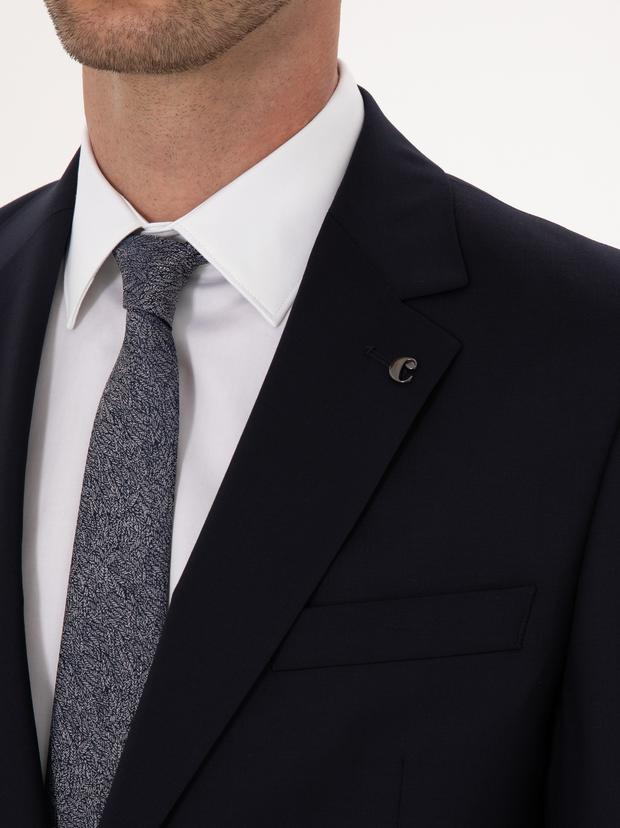 Lacivert Slim Fit %100 Yün Mono Yaka Basic Takım Elbise