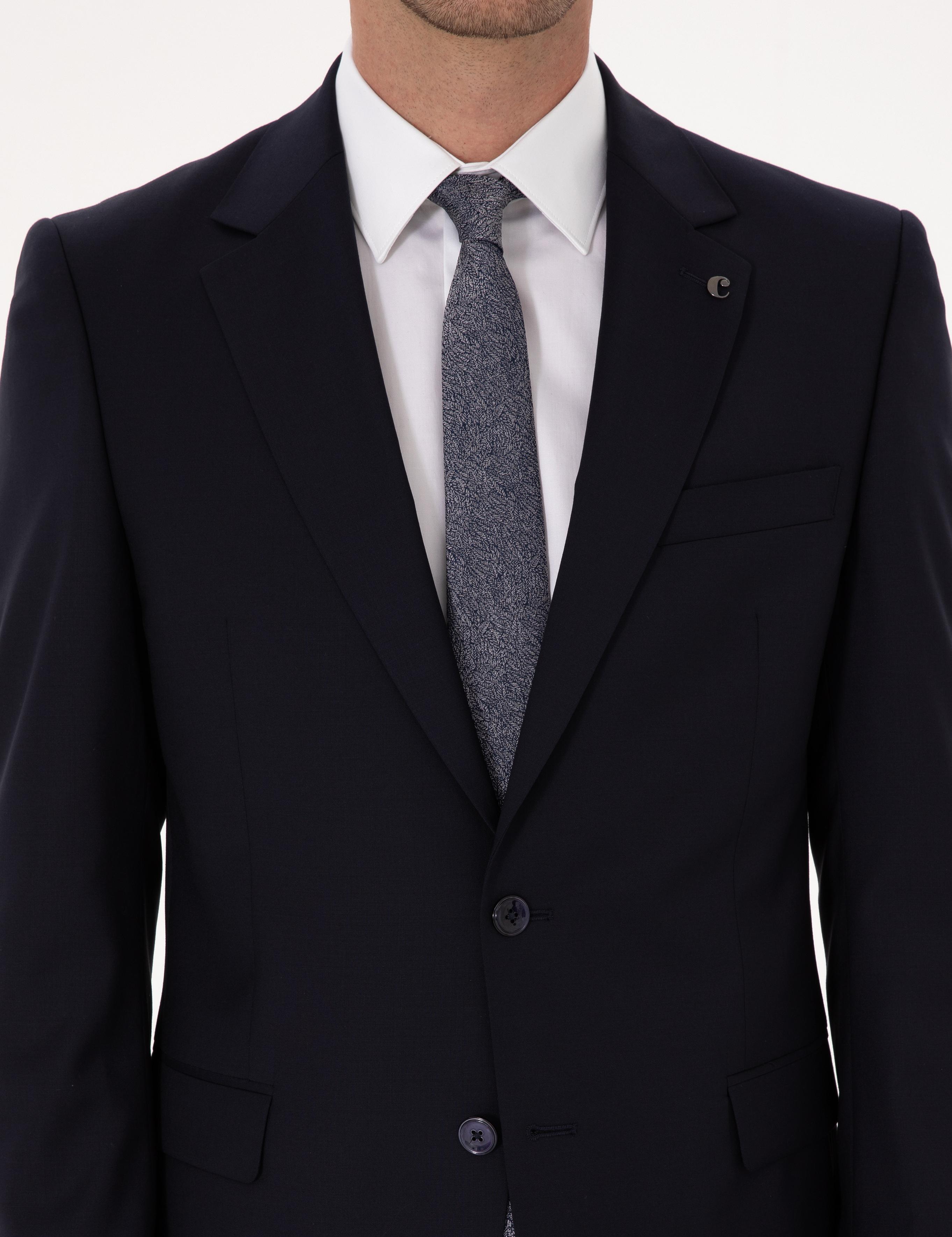Lacivert Slim Fit %100 Yün Mono Yaka Basic Takım Elbise - 50310082014