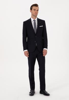 Lacivert Slim Fit %100 Yün Mono Yaka Basic Takım Elbise