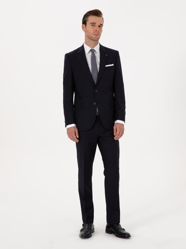 Lacivert Slim Fit %100 Yün Mono Yaka Basic Takım Elbise