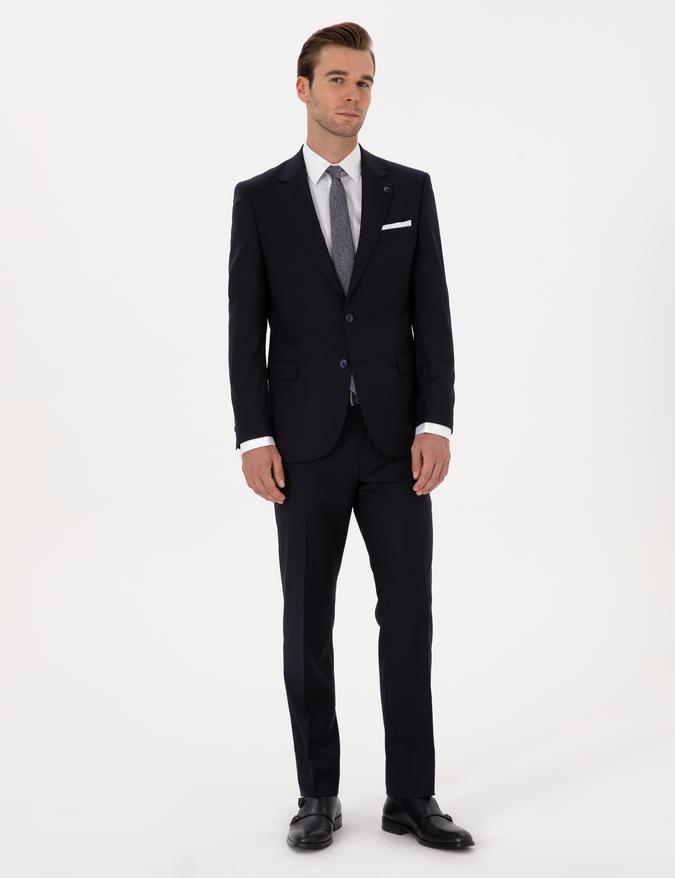 Lacivert Slim Fit %100 Yün Mono Yaka Basic Takım Elbise