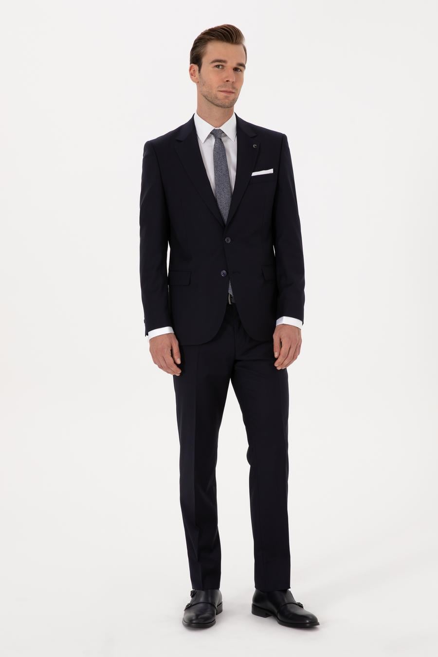 Lacivert Slim Fit %100 Yün Mono Yaka Basic Takım Elbise - 50310082014