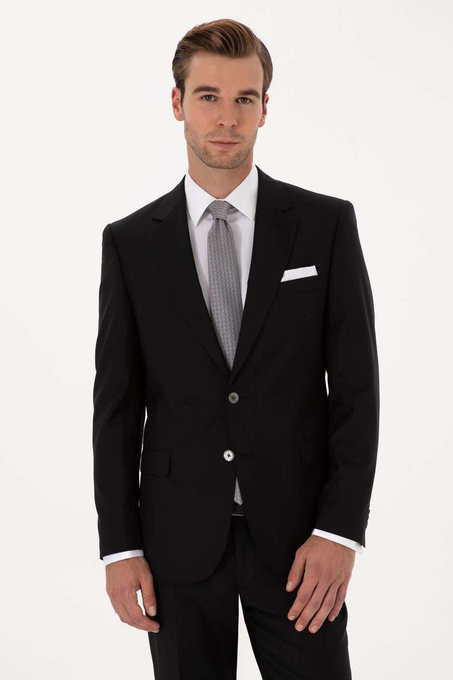Siyah Slim Fit %100 Yün Mono Yaka Basic Takım Elbise - 50310082047