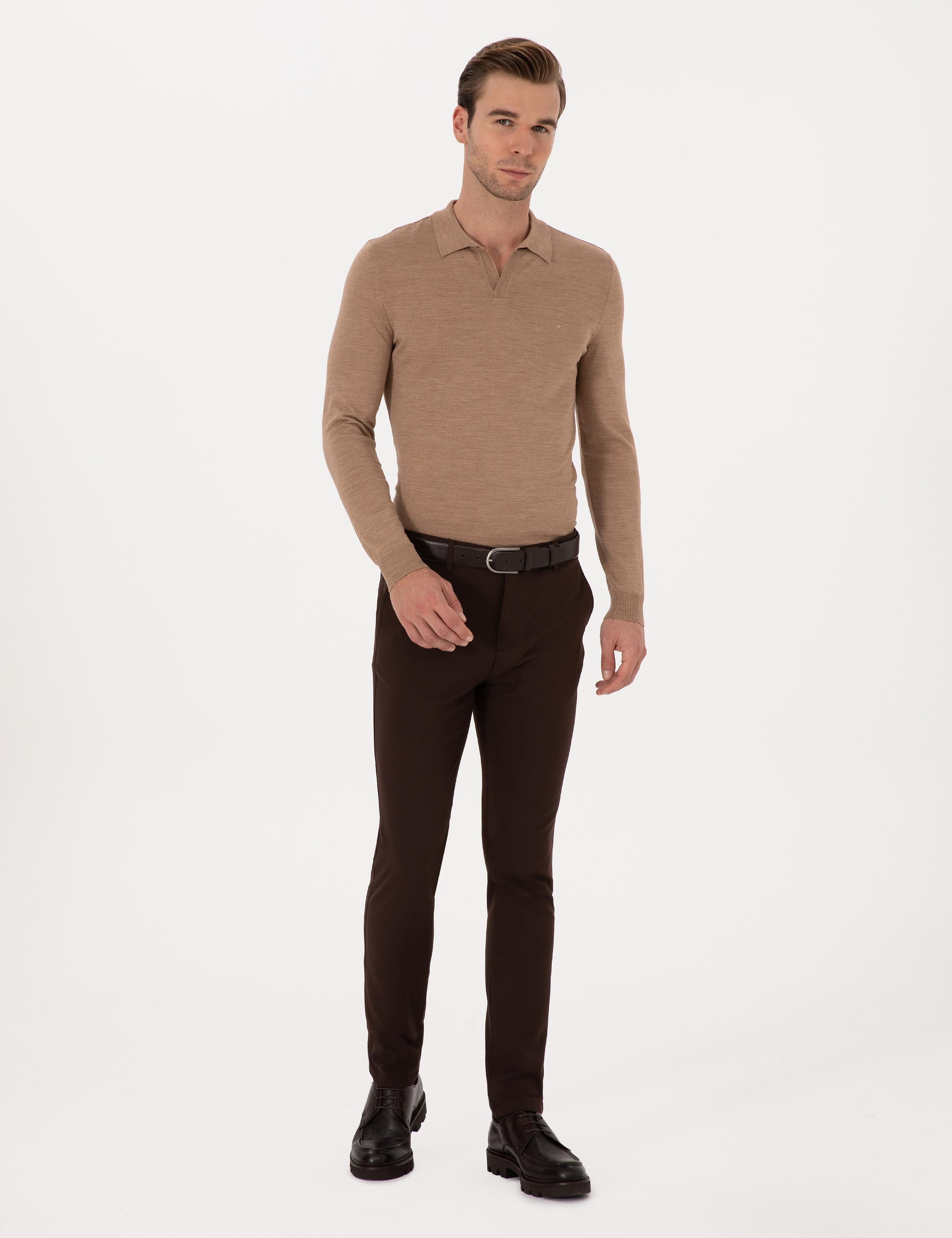 Apaş Yaka Slim Fit Yün Karışımlı Triko Kazak - 50293189057