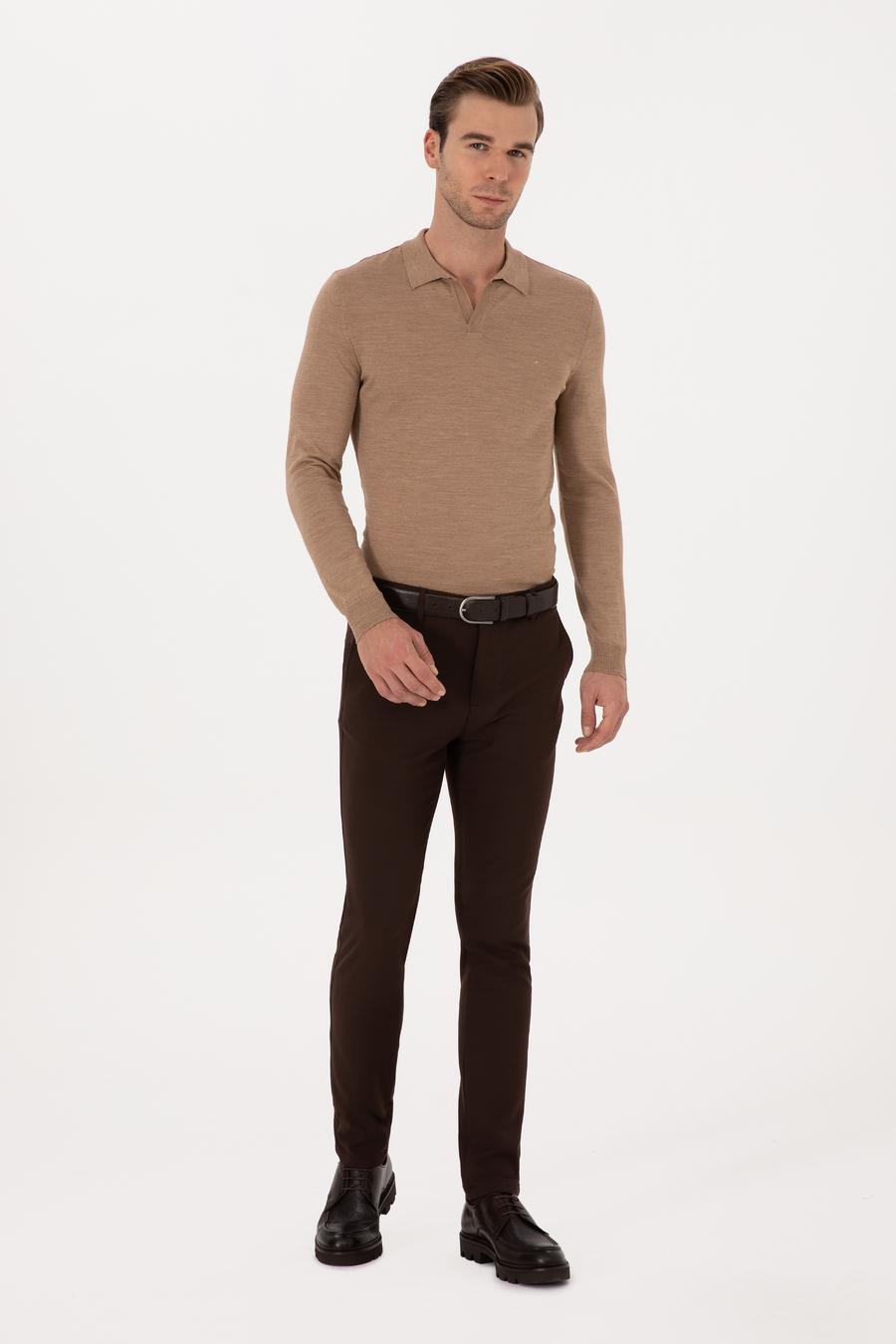 Apaş Yaka Slim Fit Yün Karışımlı Triko Kazak - 50293189057