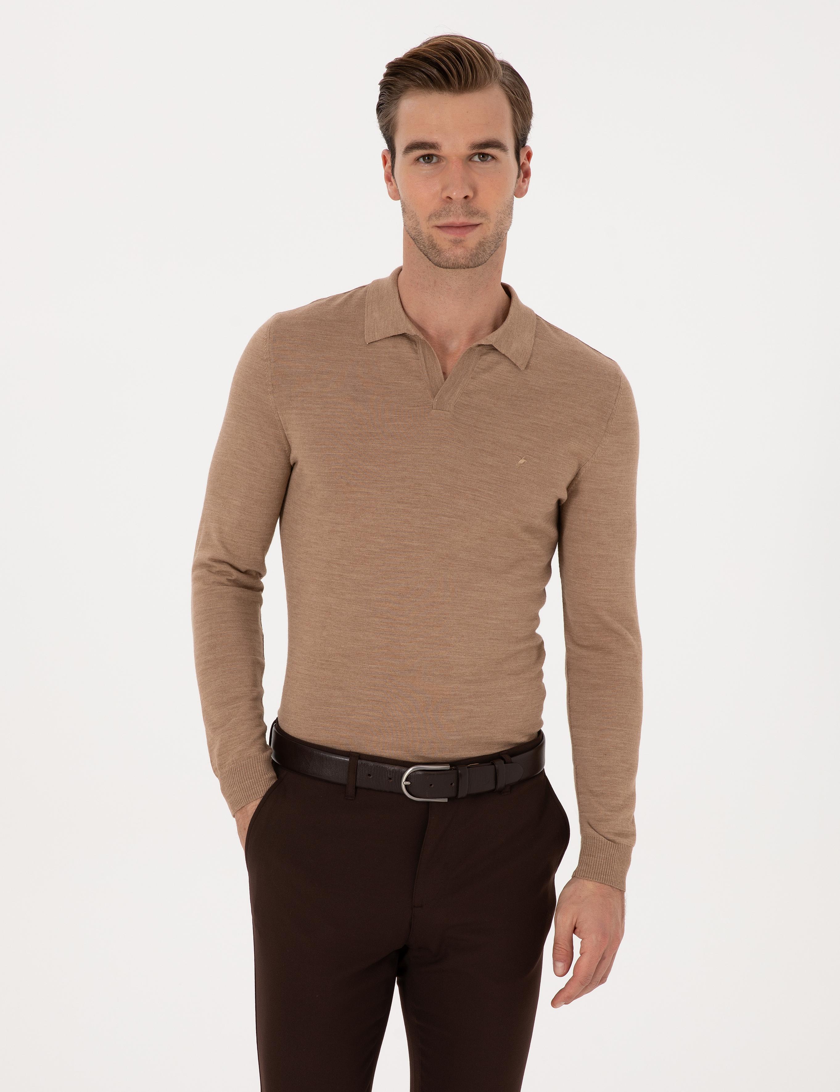 Apaş Yaka Slim Fit Yün Karışımlı Triko Kazak - 50293189057