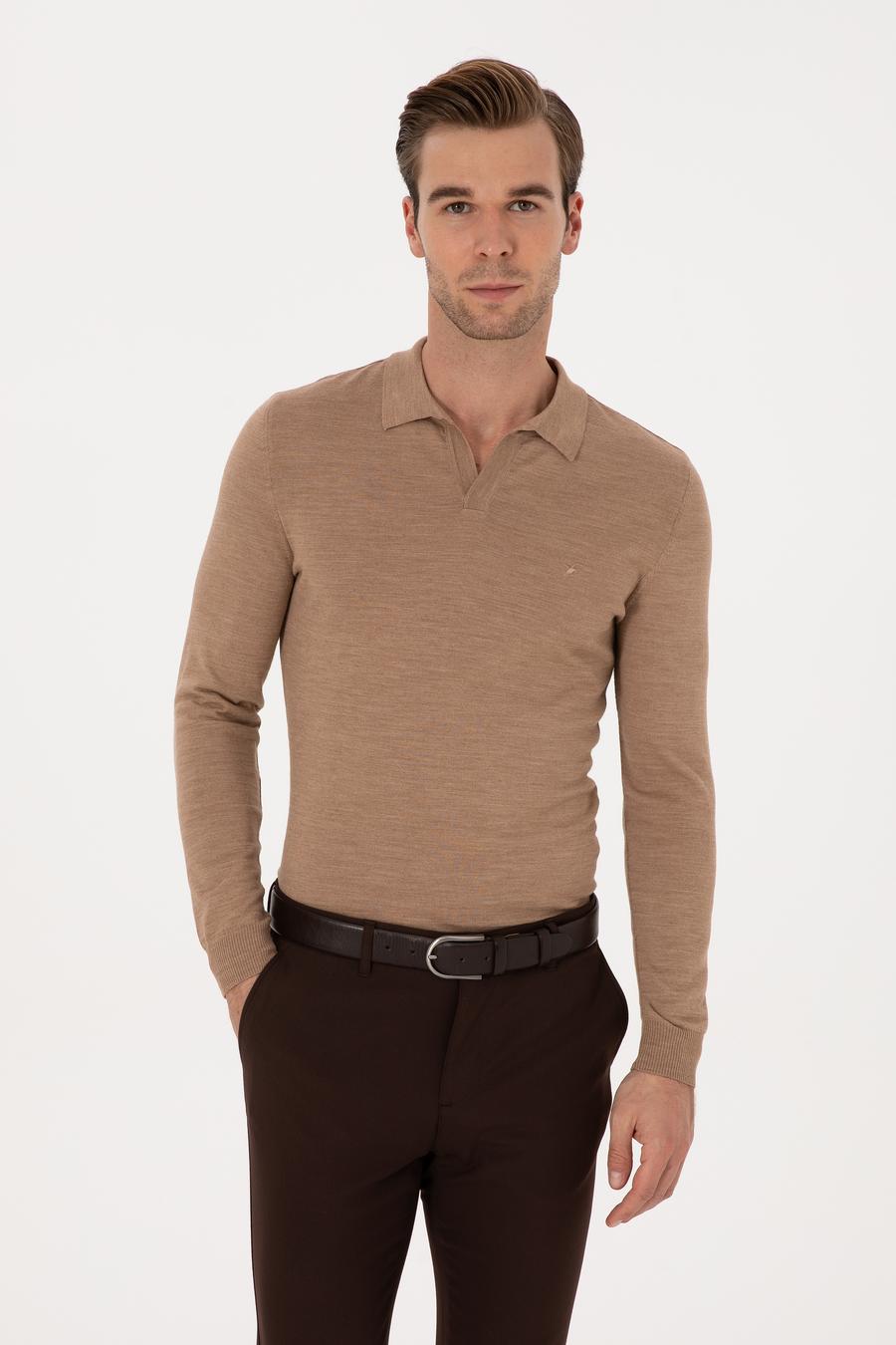Apaş Yaka Slim Fit Yün Karışımlı Triko Kazak - 50293189057
