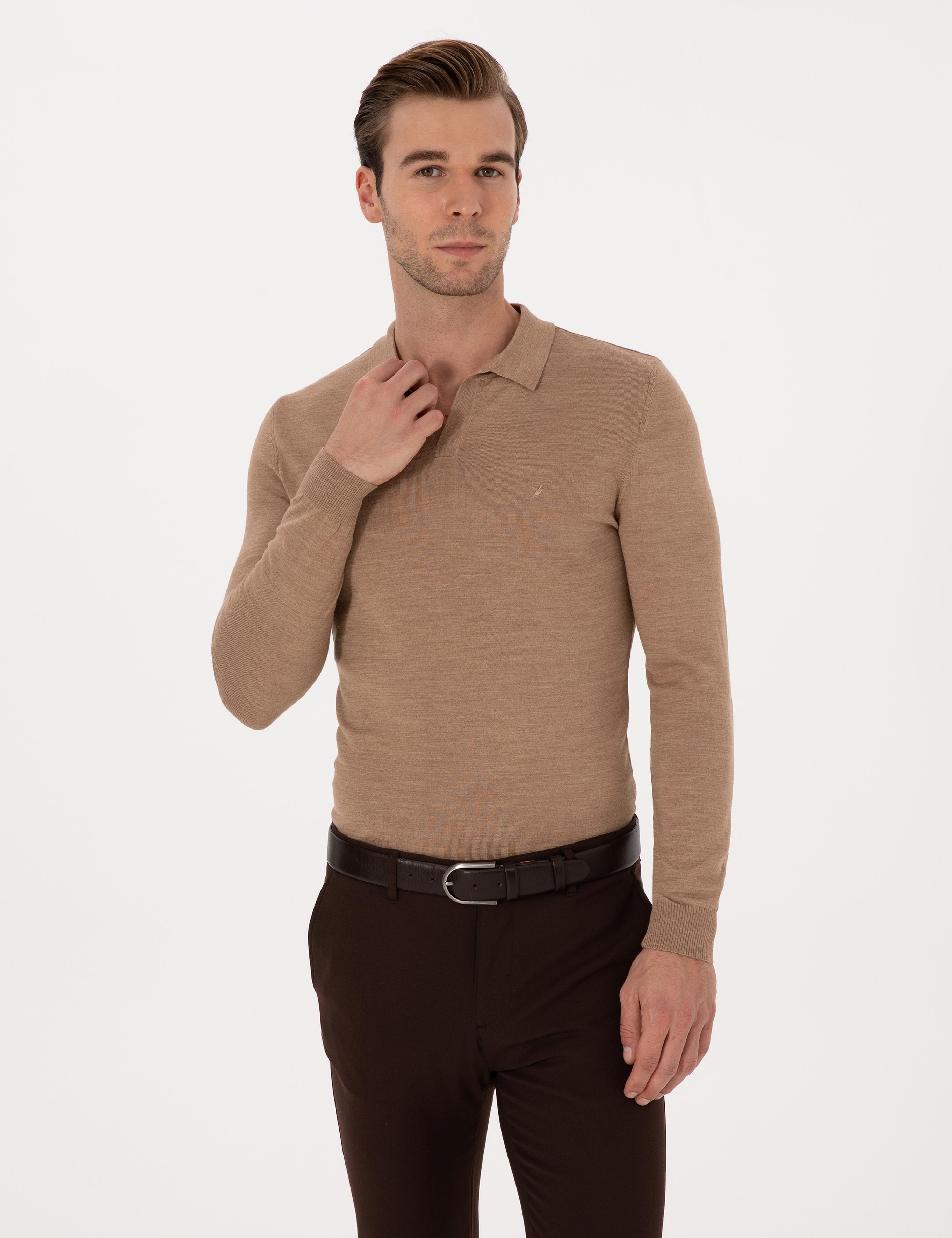 Apaş Yaka Slim Fit Yün Karışımlı Triko Kazak - 50293189057