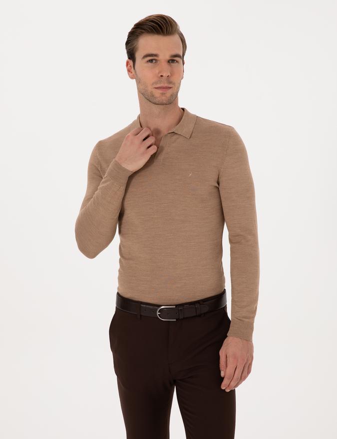 Apaş Yaka Slim Fit Yün Karışımlı Triko Kazak