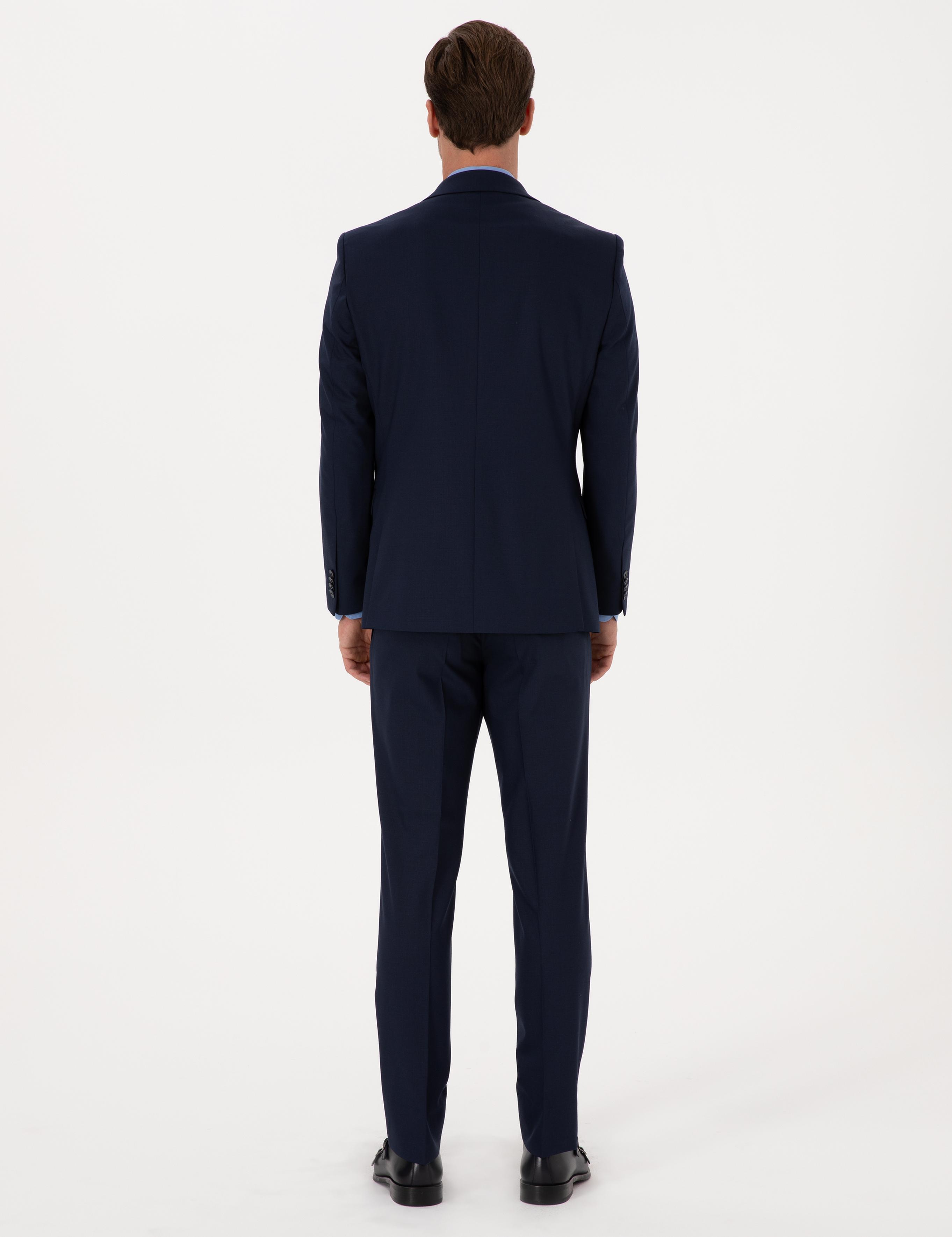 Lacivert Slim Fit Yün Karışımlı Mikro Desenli Takım Elbise - 50318023041