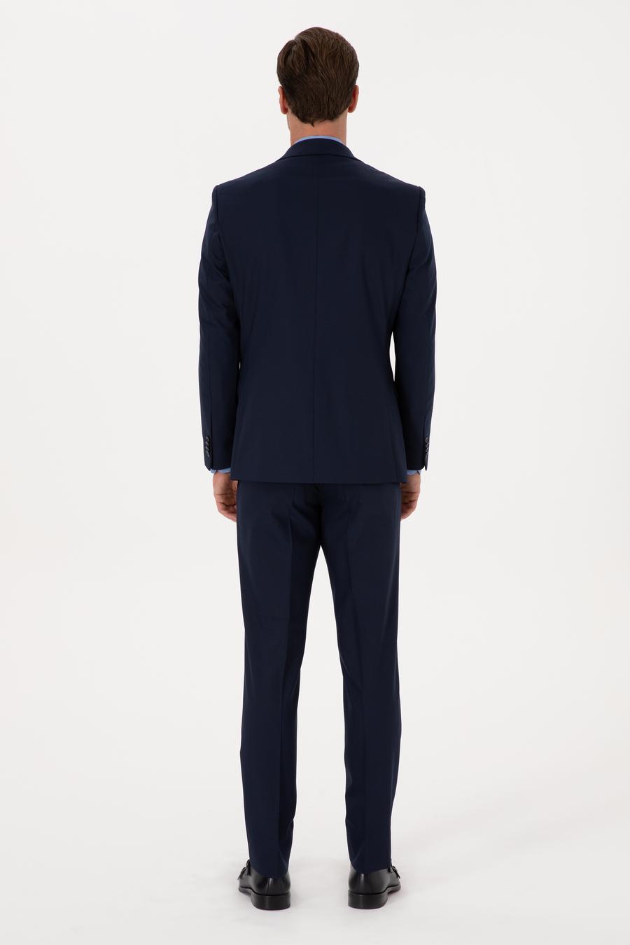 Lacivert Slim Fit Yün Karışımlı Mikro Desenli Takım Elbise - 50318023041