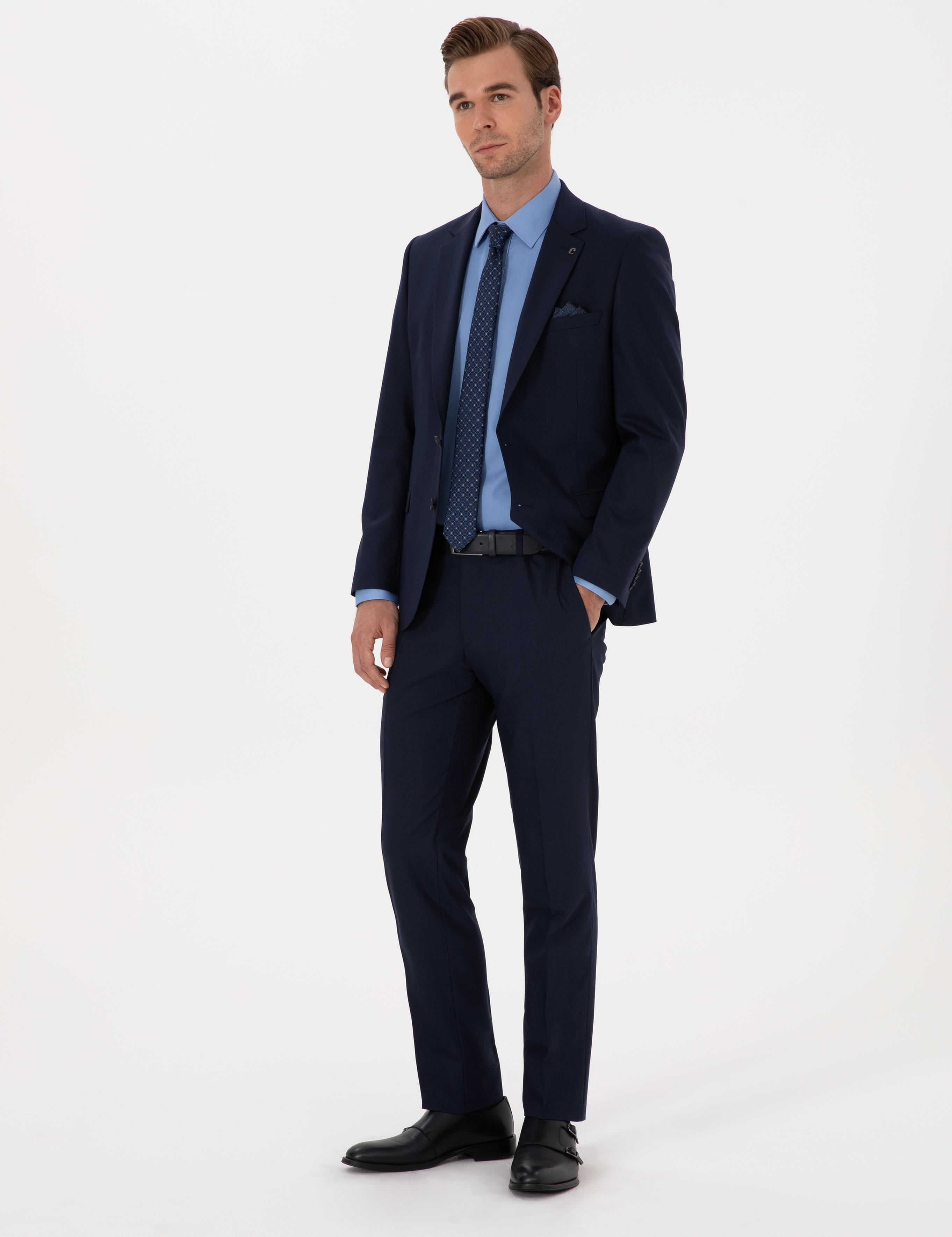 Lacivert Slim Fit Yün Karışımlı Mikro Desenli Takım Elbise - 50318023041