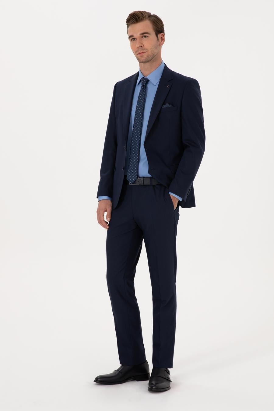 Lacivert Slim Fit Yün Karışımlı Mikro Desenli Takım Elbise - 50318023041