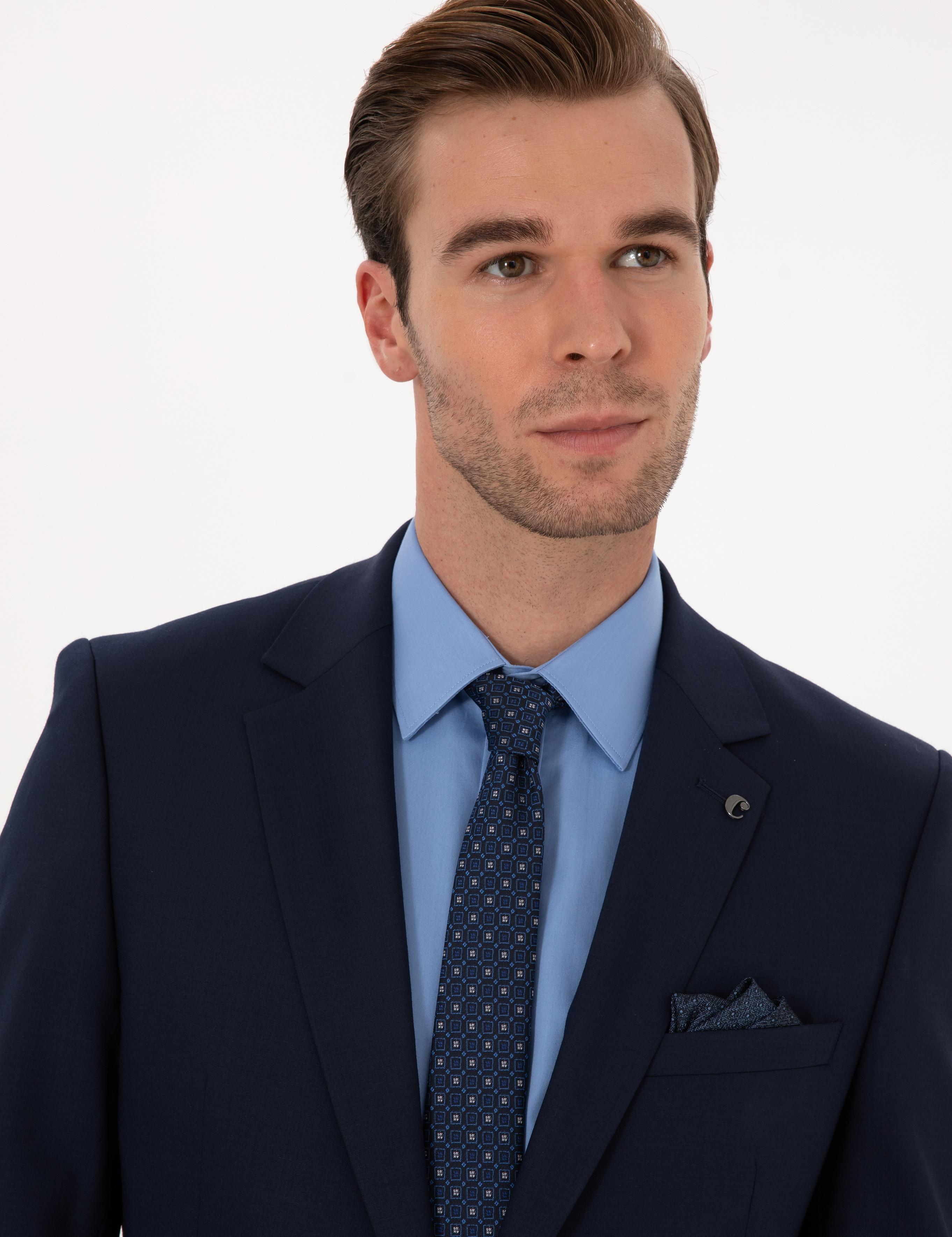 Lacivert Slim Fit Yün Karışımlı Mikro Desenli Takım Elbise - 50318023041