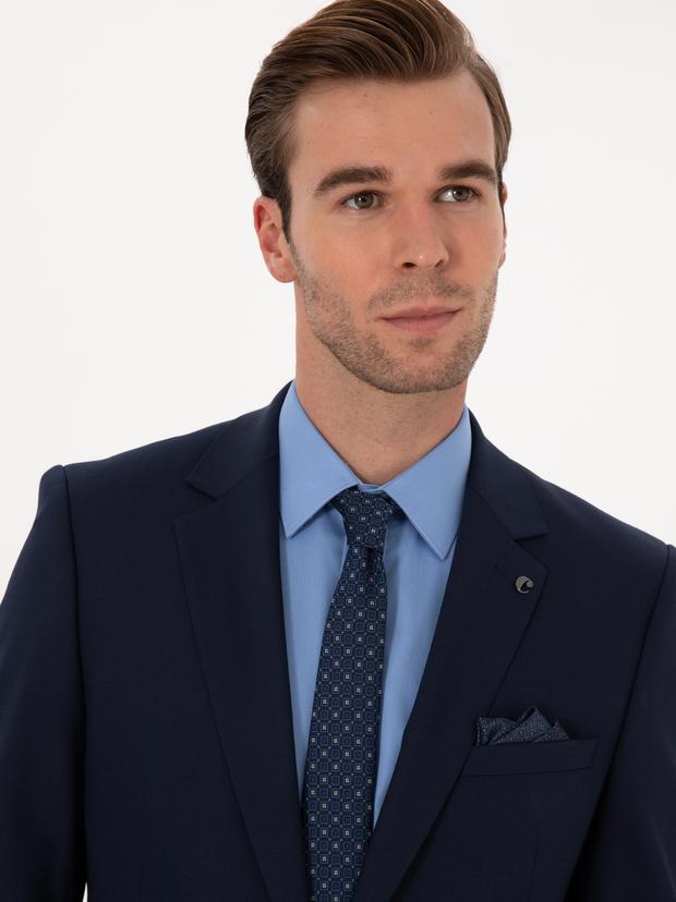Lacivert Slim Fit Yün Karışımlı Mikro Desenli Takım Elbise