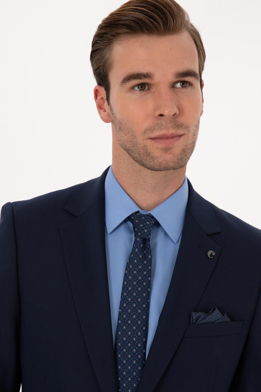 Lacivert Slim Fit Yün Karışımlı Mikro Desenli Takım Elbise - 50318023041