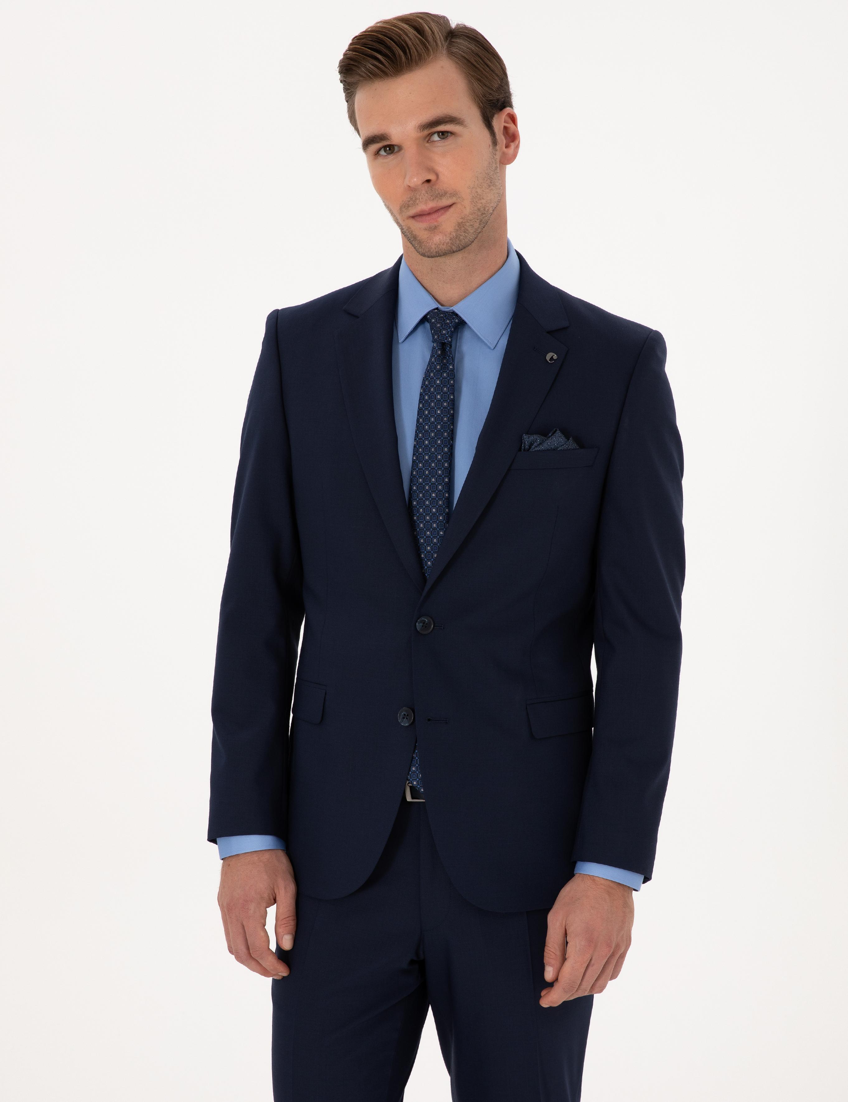 Lacivert Slim Fit Yün Karışımlı Mikro Desenli Takım Elbise - 50318023041