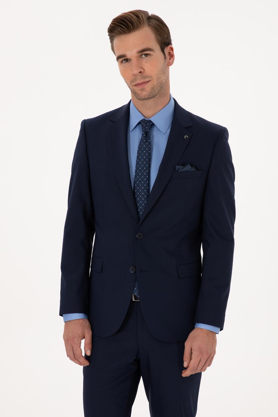 Lacivert Slim Fit Yün Karışımlı Mikro Desenli Takım Elbise - 50318023041