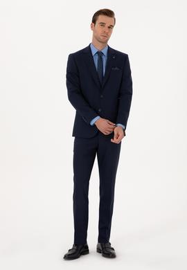 Lacivert Slim Fit Yün Karışımlı Mikro Desenli Takım Elbise