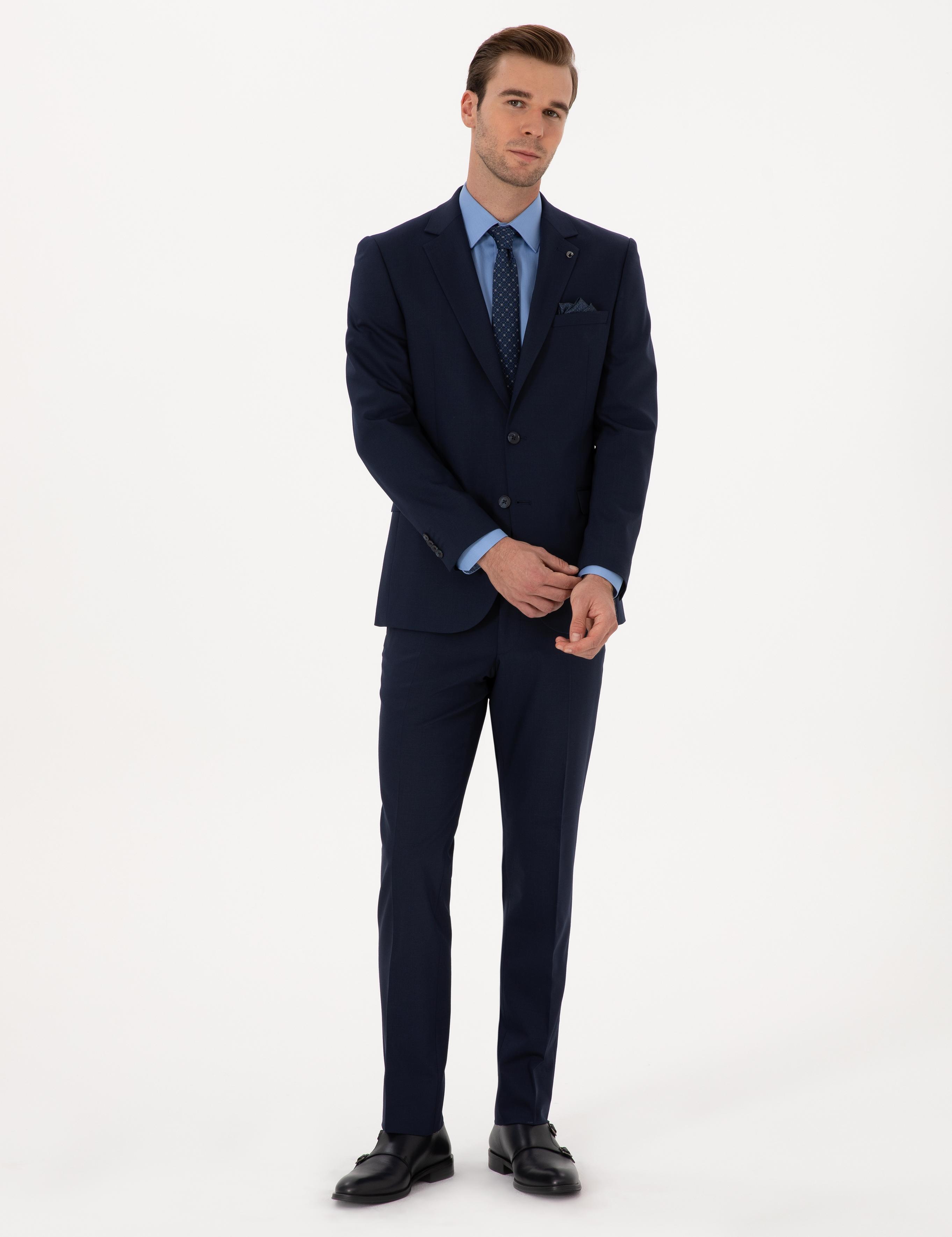 Lacivert Slim Fit Yün Karışımlı Mikro Desenli Takım Elbise - 50318023041