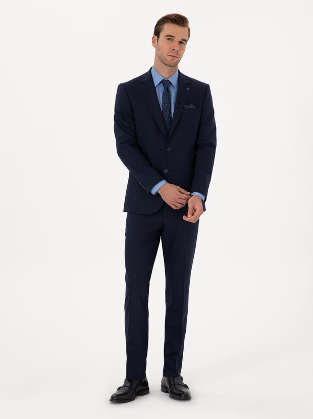 Lacivert Slim Fit Yün Karışımlı Mikro Desenli Takım Elbise