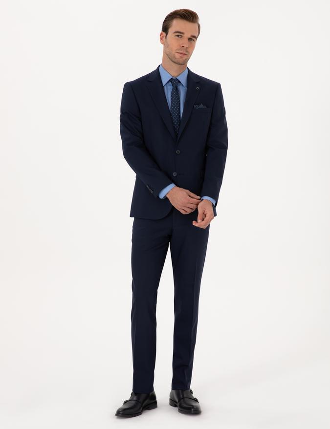 Lacivert Slim Fit Yün Karışımlı Mikro Desenli Takım Elbise