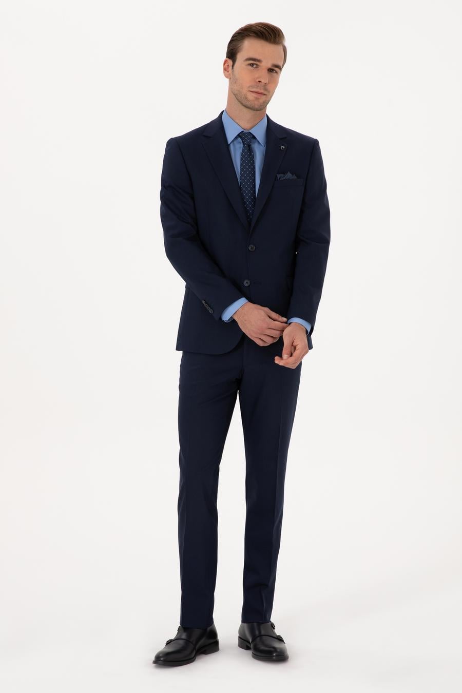 Lacivert Slim Fit Yün Karışımlı Mikro Desenli Takım Elbise - 50318023041