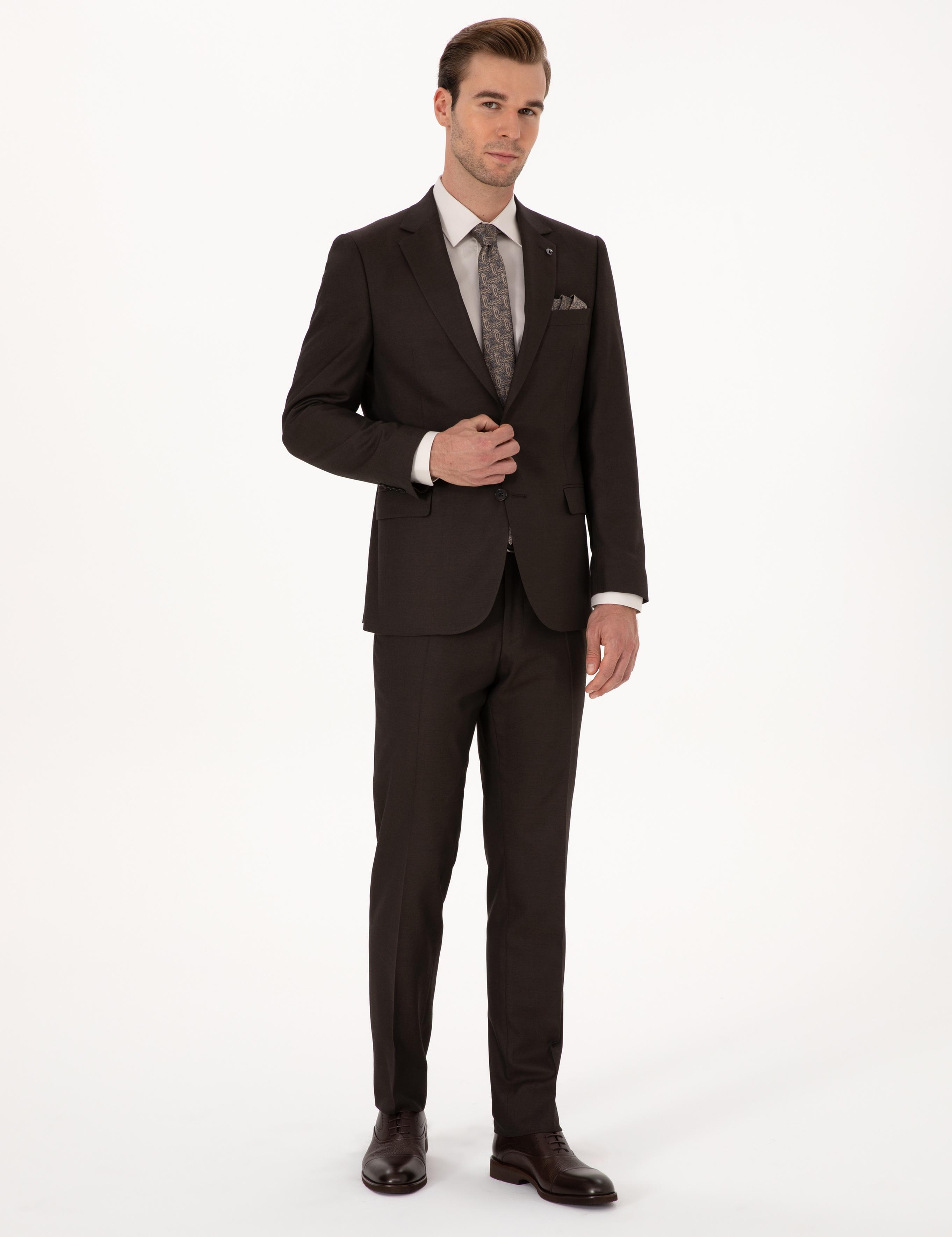 Kahverengi Slim Fit Mikro Desenli Takım Elbise - 50318869074