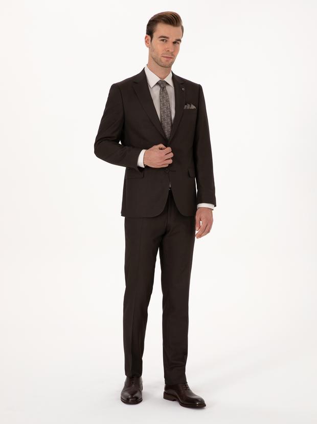 Kahverengi Slim Fit Mikro Desenli Takım Elbise