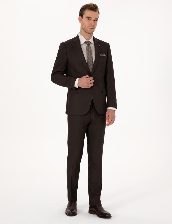 Kahverengi Slim Fit Mikro Desenli Takım Elbise