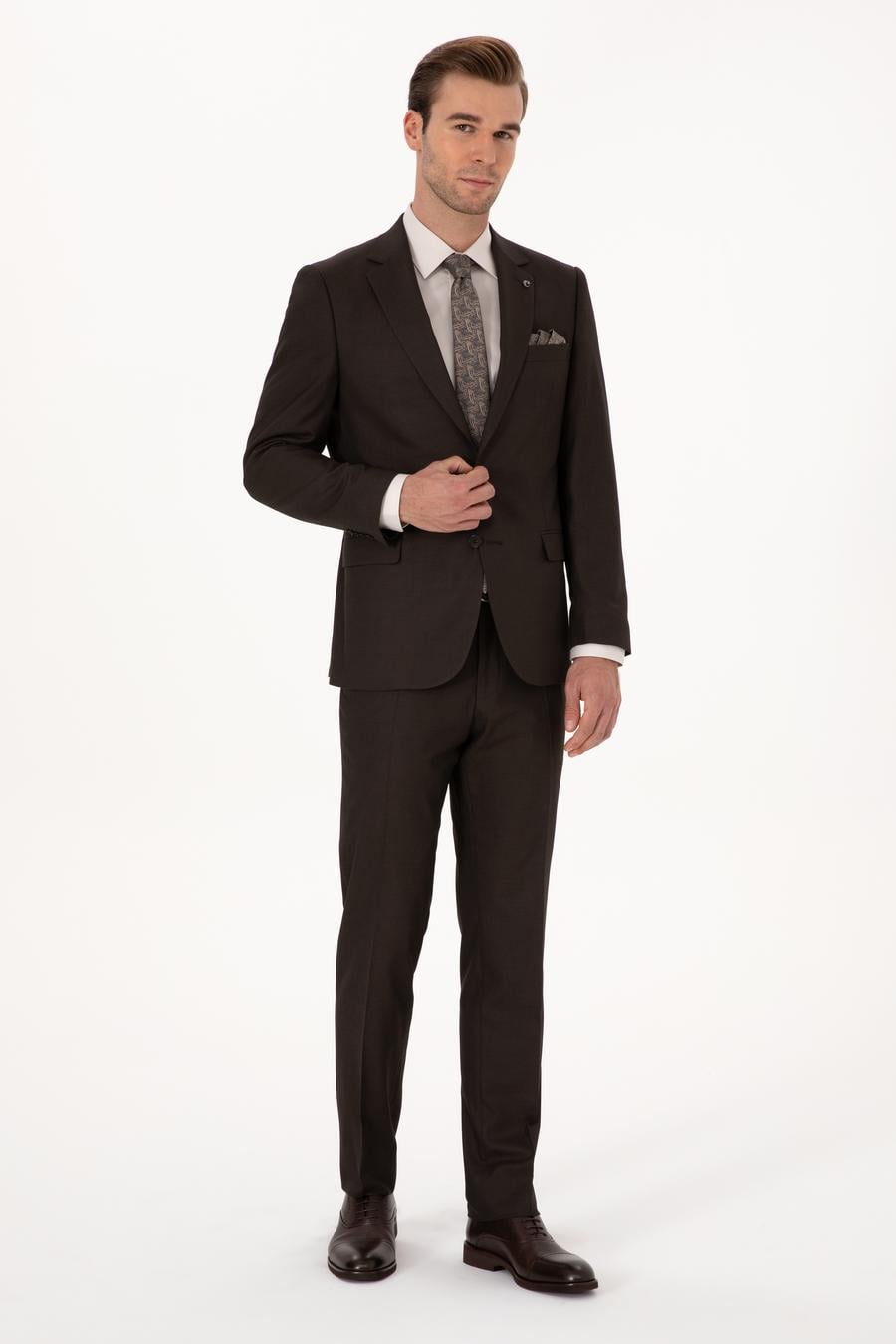 Kahverengi Slim Fit Mikro Desenli Takım Elbise - 50318869074