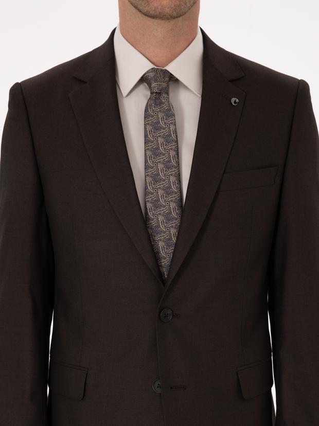 Kahverengi Slim Fit Mikro Desenli Takım Elbise