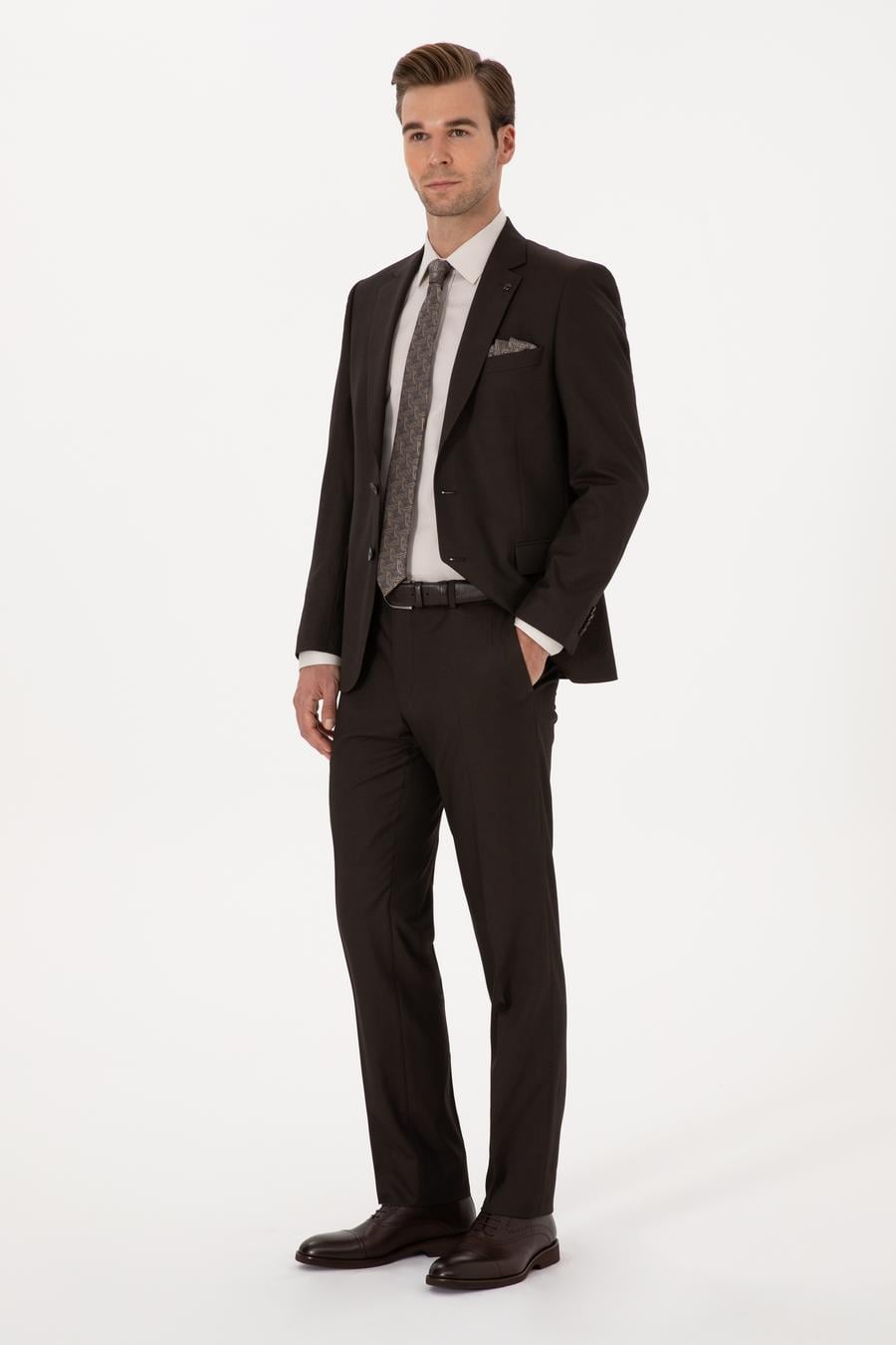 Kahverengi Slim Fit Mikro Desenli Takım Elbise - 50318869074