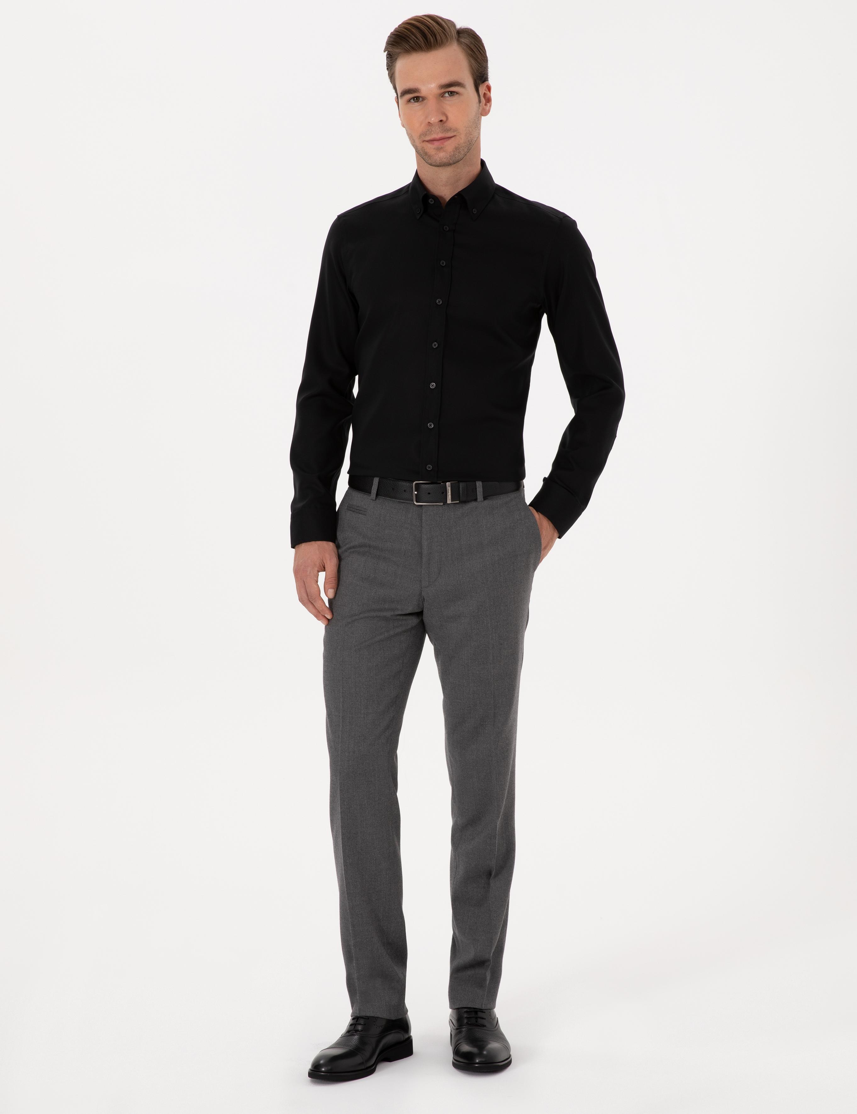 Siyah Slim Fit %100 Pamuk Yakası Düğmeli Oxford Gömlek - 50319721050