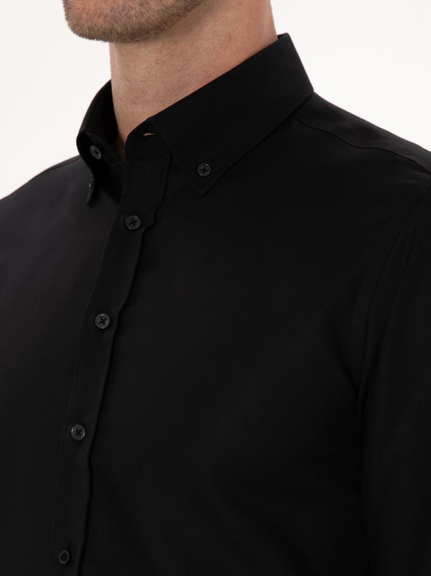 Siyah Slim Fit %100 Pamuk Yakası Düğmeli Oxford Gömlek