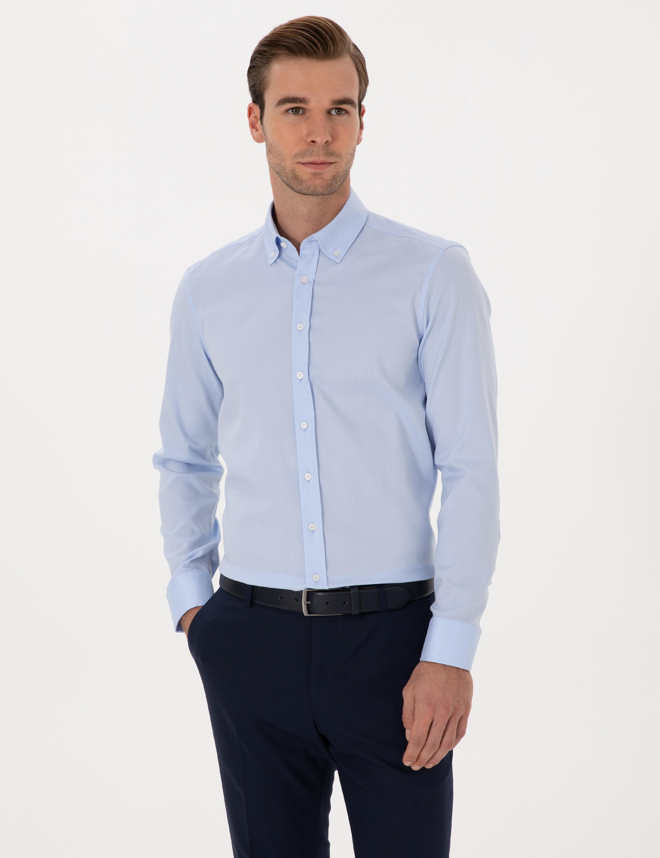 Açık Mavi Slim Fit %100 Pamuk Yakası Düğmeli Oxford Gömlek - 50319721006
