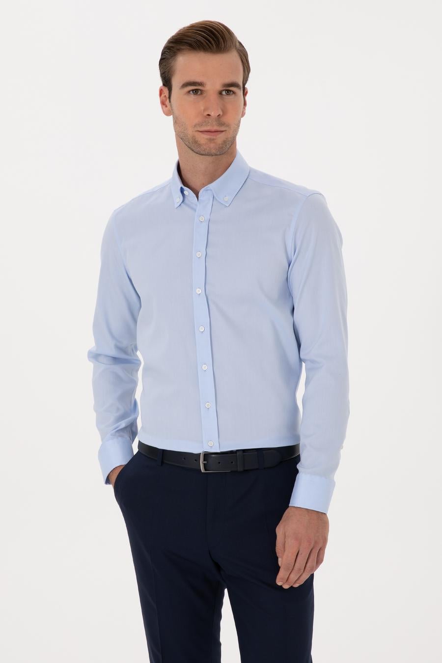 Açık Mavi Slim Fit %100 Pamuk Yakası Düğmeli Oxford Gömlek - 50319721006