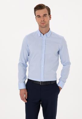 Açık Mavi Slim Fit %100 Pamuk Yakası Düğmeli Oxford Gömlek