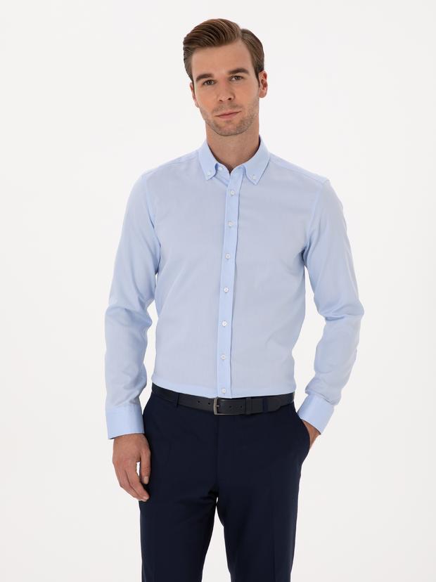Açık Mavi Slim Fit %100 Pamuk Yakası Düğmeli Oxford Gömlek