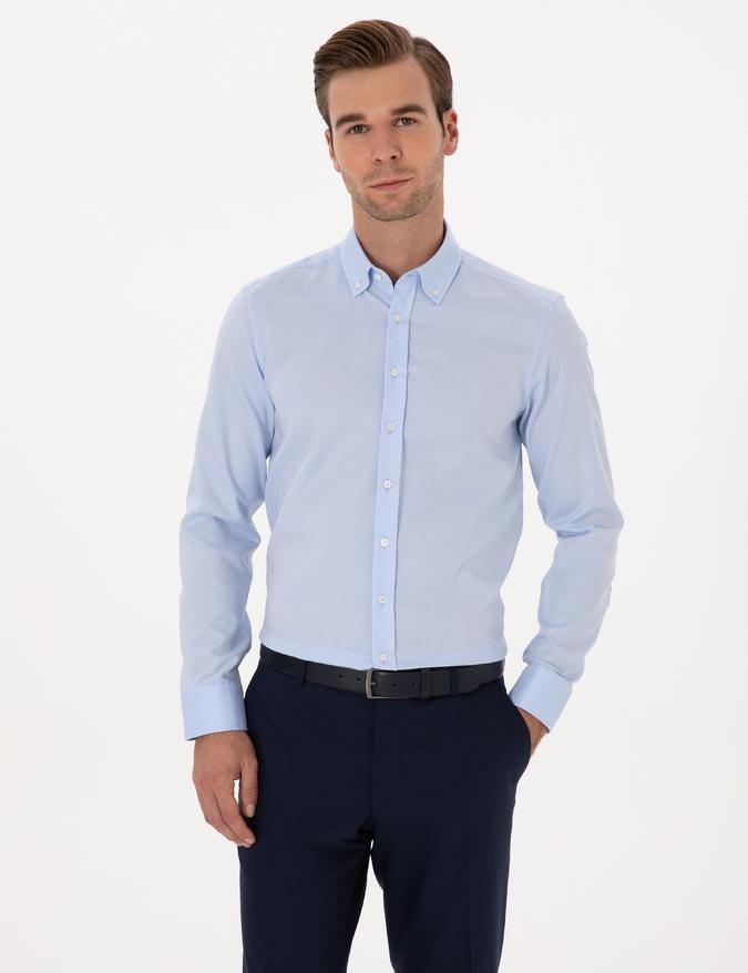 Açık Mavi Slim Fit %100 Pamuk Yakası Düğmeli Oxford Gömlek