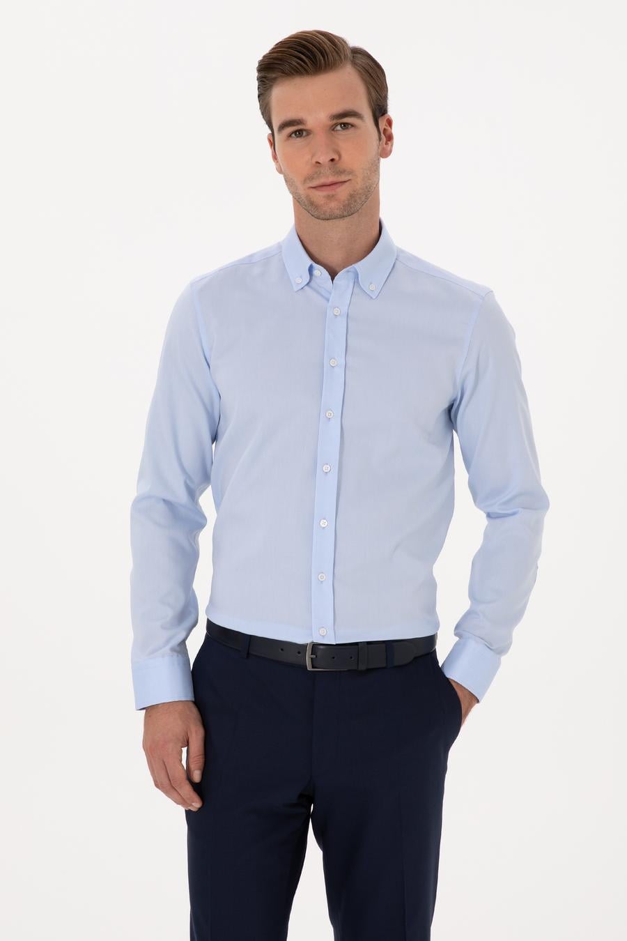 Açık Mavi Slim Fit %100 Pamuk Yakası Düğmeli Oxford Gömlek - 50319721006