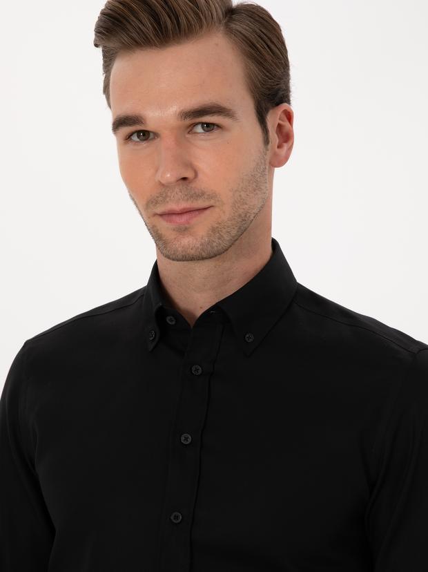 Siyah Slim Fit %100 Pamuk Yakası Düğmeli Oxford Gömlek