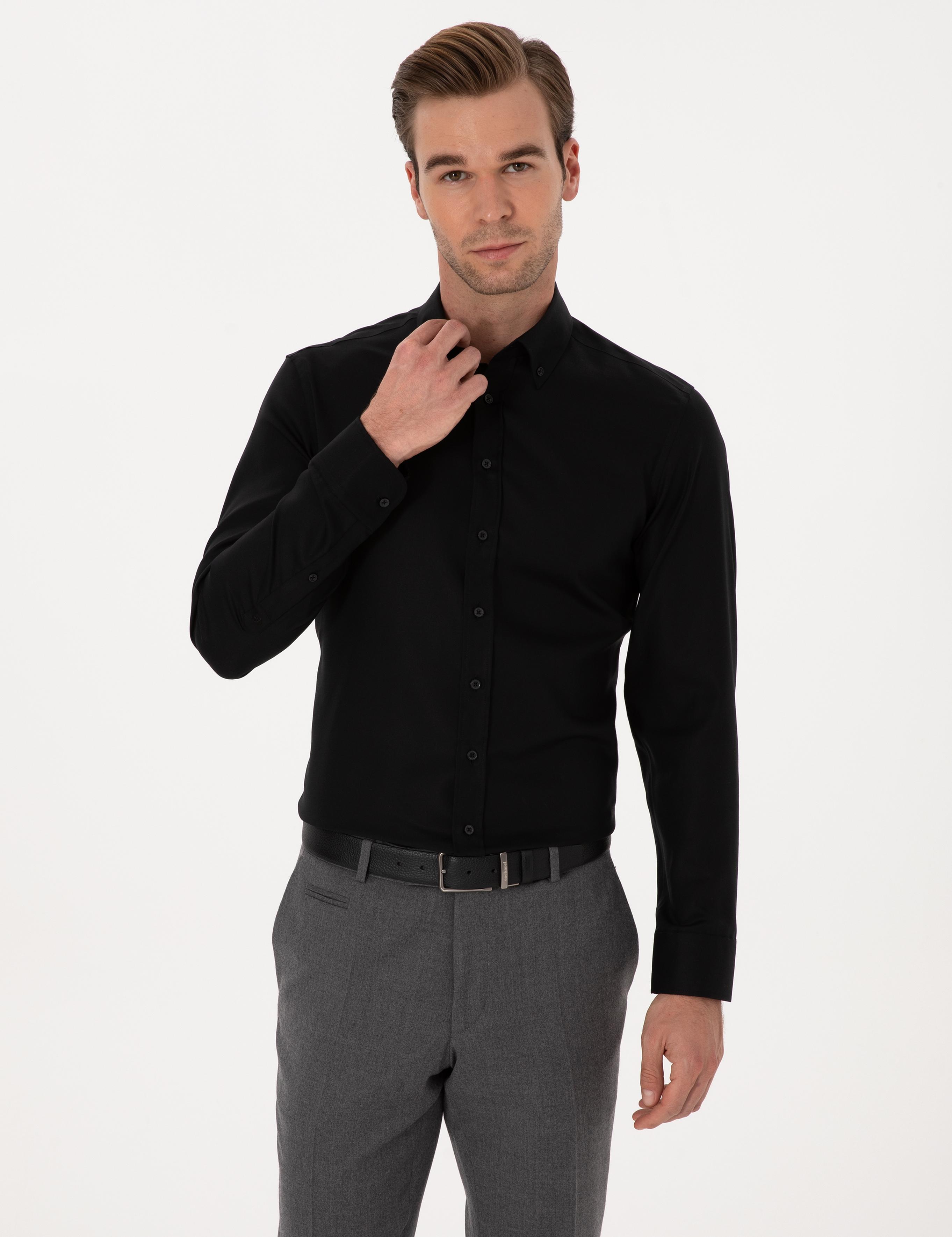 Siyah Slim Fit %100 Pamuk Yakası Düğmeli Oxford Gömlek - 50319721050