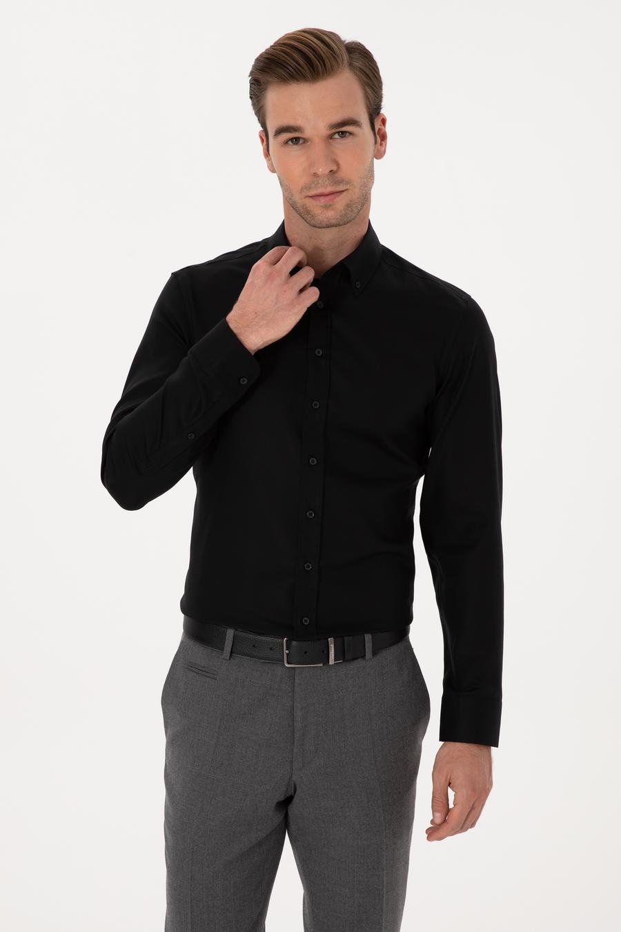 Siyah Slim Fit %100 Pamuk Yakası Düğmeli Oxford Gömlek - 50319721050