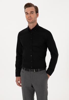 Siyah Slim Fit %100 Pamuk Yakası Düğmeli Oxford Gömlek